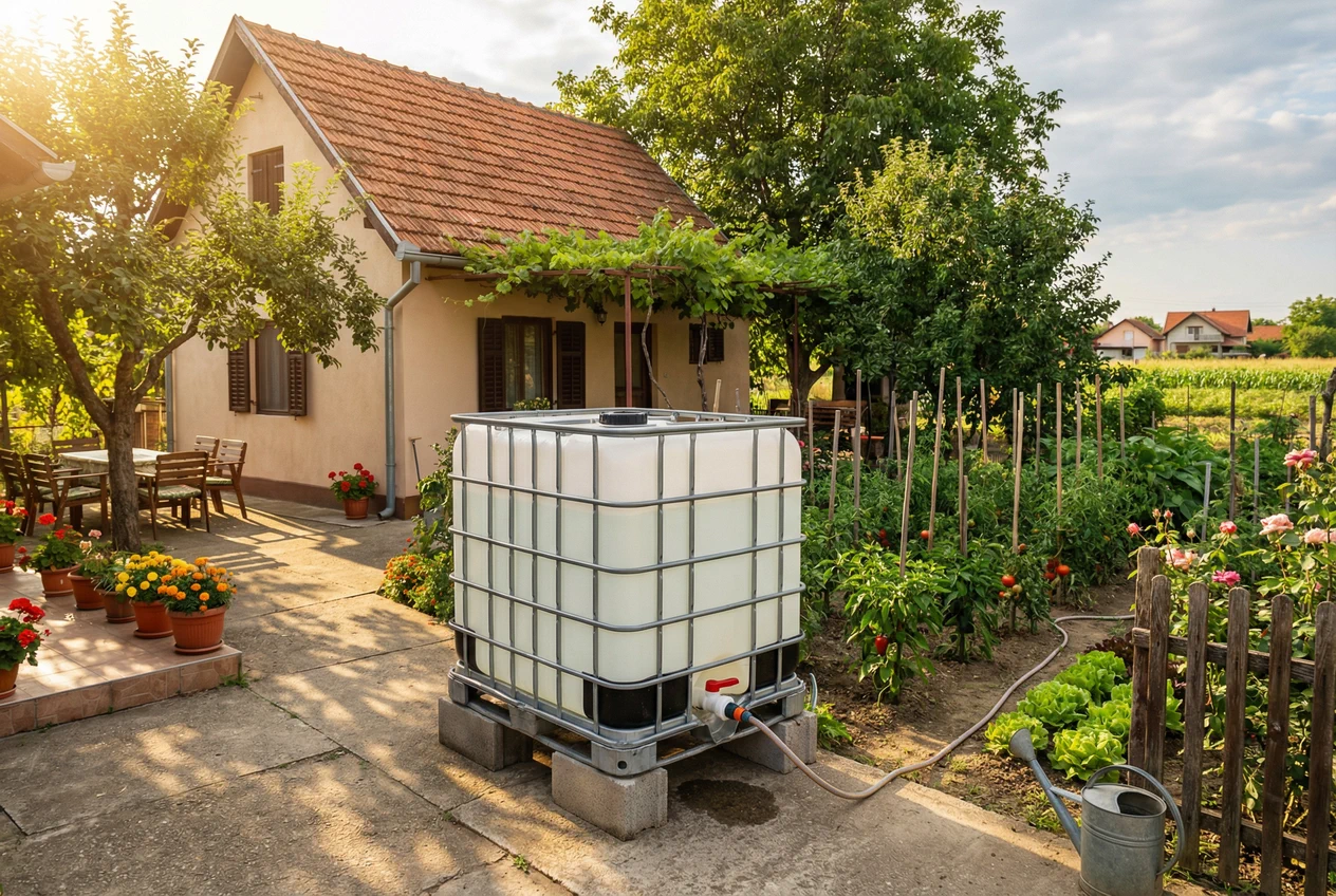 Cisterna za vodu 1000L pored vikendice - rezervoar za skladištenje pitke i tehničke vode u domaćinstvu