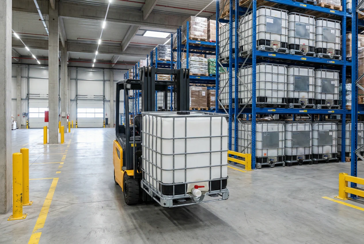 IBC kontejner 1000L u industrijskom magacinu - transport i skladištenje tečnosti viljuškarom