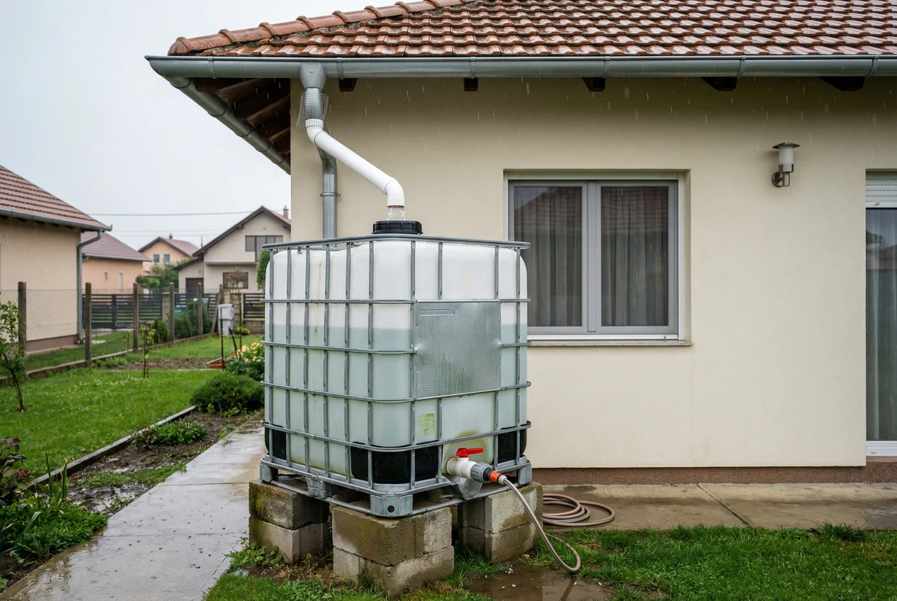 Cisterna za kišnicu 1000L povezana sa olučnim sistemom - sakupljanje atmosferskih padavina sa krova