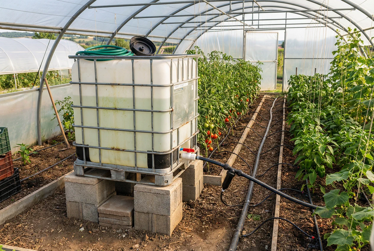 IBC cisterna za vodu 1000L u plasteniku za navodnjavanje kap po kap - poljoprivredna primena