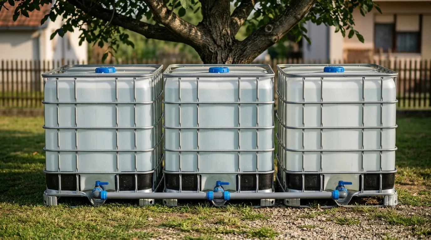 Tri povezana IBC kontejnera 1000L u dvorištu porodične kuće, sistem za skladištenje vode koji Tank.rs koristi od 2022. godine