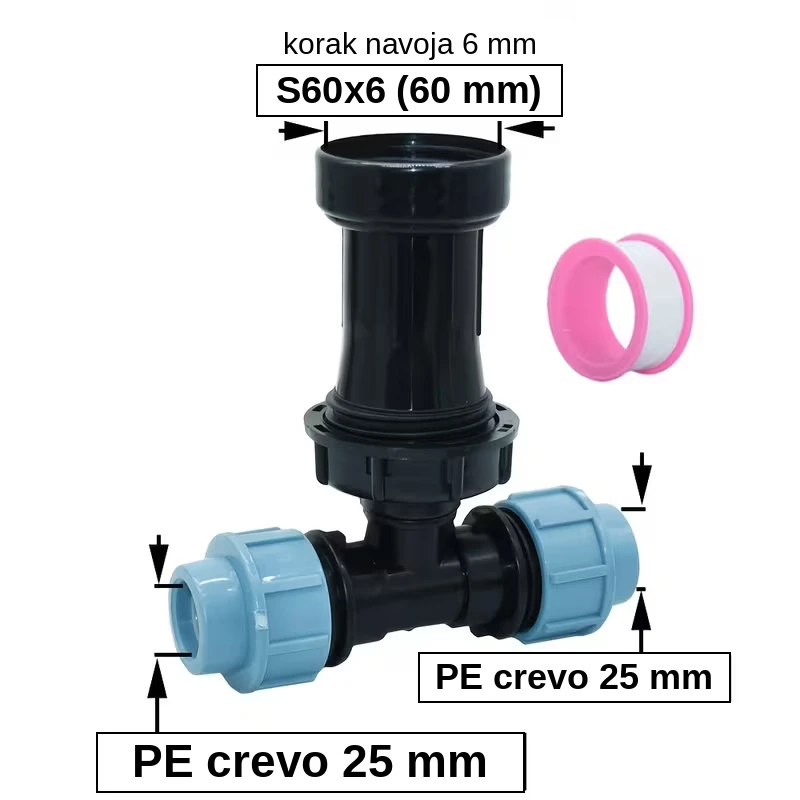 Priključak za cisternu 1000L i IBC kontejner T sa produžetkom S60x6, sa 2 izlaza za PE crevo 25 mm