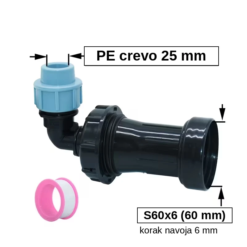 Priključak za cisternu 1000L i IBC kontejner koleno sa produžetkom S60x6, za PE crevo 25 mm, sa teflon trakom