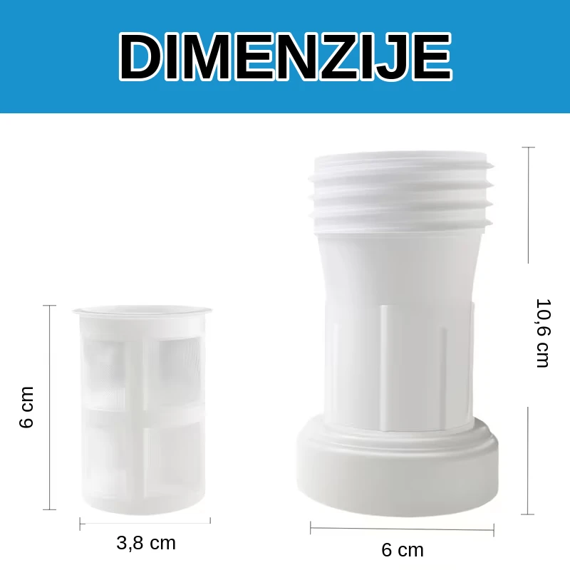 Produžetak ventila sa filterom za IBC kontejner, dužina 10,6 cm i prečnik 6 cm, mrežica 6 x 3,8 cm