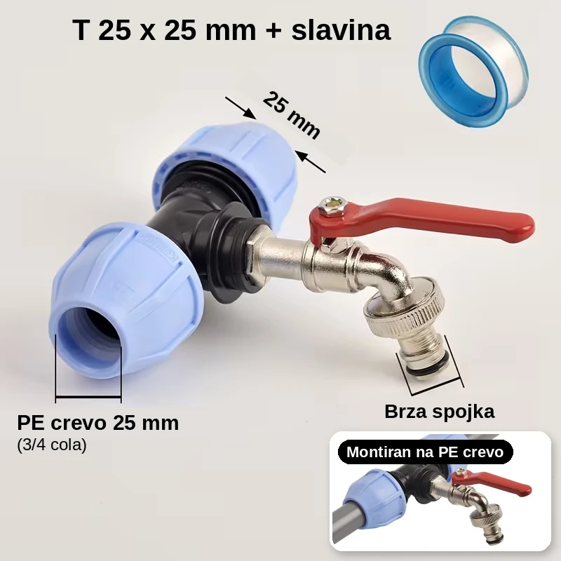 T komad za PE crevo 25 mm sa metalnom slavinom i brzom spojkom, sa umetnutom slikom montaže na PE crevo