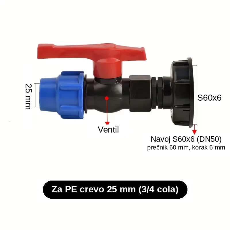 Ventil za cisternu 1000L i IBC kontejner 25 mm – za PE (okiten) crevo 3/4 cola, navoj S60x6