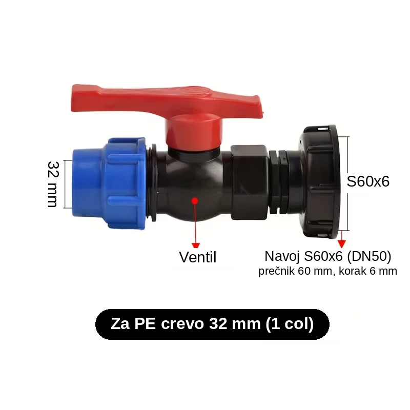 Ventil za cisternu 1000L i IBC kontejner 32 mm – za PE (okiten) crevo 1 col, navoj S60x6